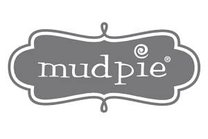 A gray and white logo of mud pie.